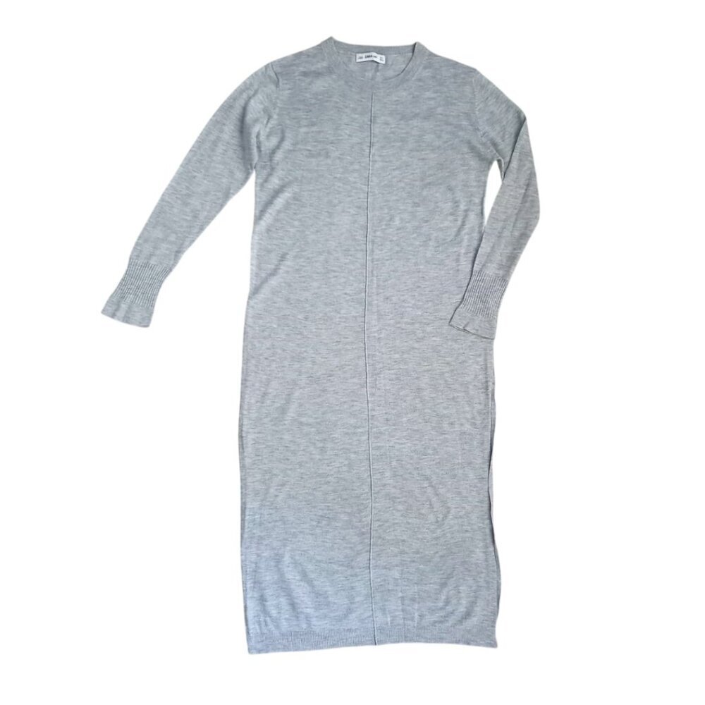 Zara Knit Gray Long Sweater Dress – Long Sleeve Crewneck, Size S